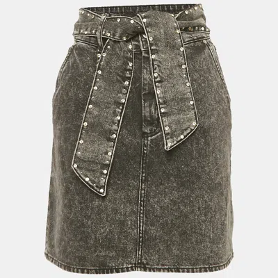 Sandro Black Denim Stud Detail Belted Mini Skirt In Green