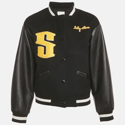 Pre-owned Sandro Black Embroidered Wool And Leather Varsity Jacket S
