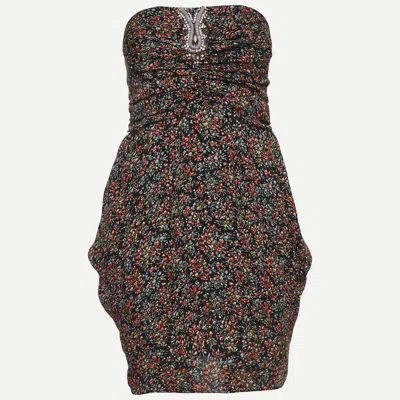 Sandro Black Floral Print Chiffon Ruched Mini Dress In Multi