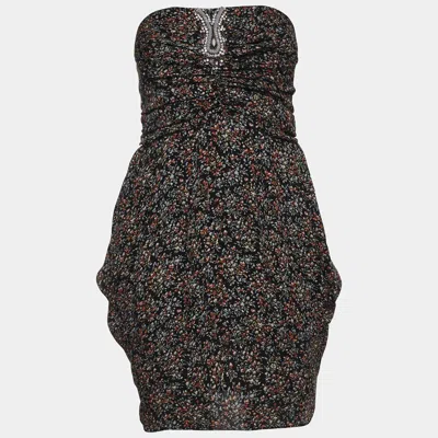 Pre-owned Sandro Black Floral Print Chiffon Ruched Mini Dress S