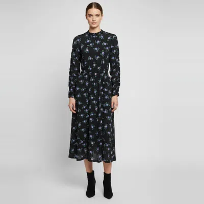 Pre-owned Sandro Black Floral Print Jersey Ruffle Mock Neck Midi Dress M