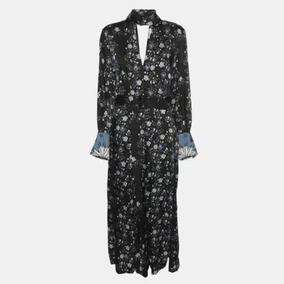 Pre-owned Sandro Black Floral Print Satin Bonny Cutout Pleated Midi Dress M