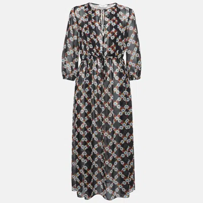 Pre-owned Sandro Black Floral Printed Chiffon Buttoned Midi Dress M