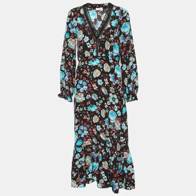 Pre-owned Sandro Black Floral Printed Silk Midi Dress S