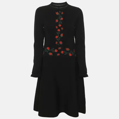 Pre-owned Sandro Black Jersey Floral Embroidered Long Sleeve Mini Dress S