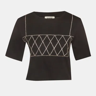 Pre-owned Sandro Black Jersey Rhinestone Cropped T-shirt S