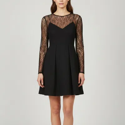 Pre-owned Sandro Black Lace And Textured Crepe Pleated Short Dress L