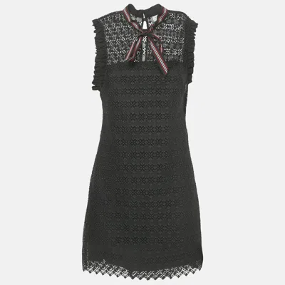 Pre-owned Sandro Black Lace Ruffled Sleeveless Tie Neck Detail Fidele Mini Dress M
