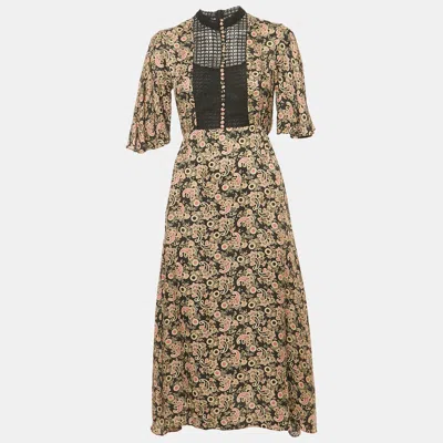 Sandro Black Lace Trim Paisley Print Crepe Midi Dress In Multi