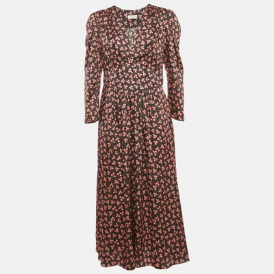 Pre-owned Sandro Black Leaf Print Satin Button Detail V-neck Long Dress L