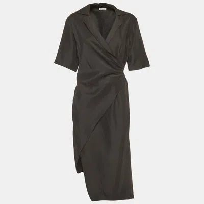 Pre-owned Sandro Black Linen Blend Draped Asymmetric Midi Dress M