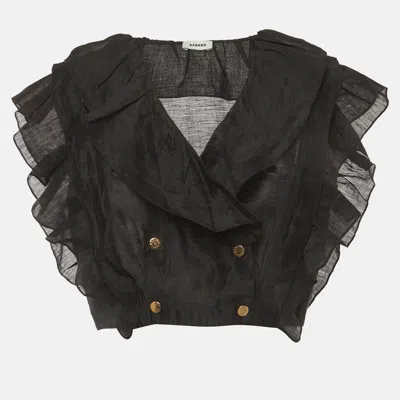 Pre-owned Sandro Black Linen Blend Folie Ruffled Crop Top S