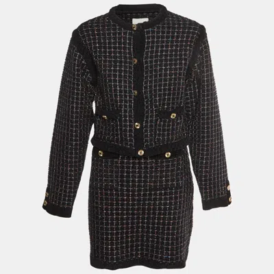 Pre-owned Sandro Black Metallic Checked Knit Mini Skirt And Jacket Set M