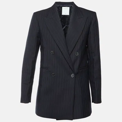Pre-owned Sandro Black Pin Striped Gabardine Double Breasted Blazer S