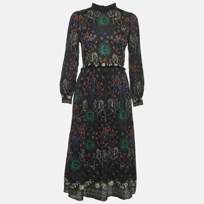 Sandro Black Print Chiffon Ruffled Trim Midi Dress In Multi