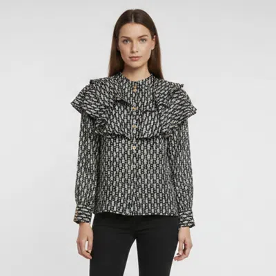 Pre-owned Sandro Black Printed Silk Ruffle Reine Blouse Xs