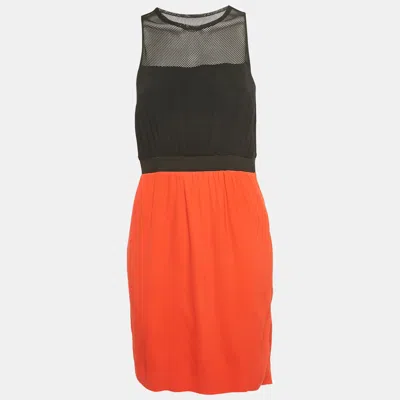 Sandro Black / Red Crepe Mesh Detail Sleeveless Mini Dress In Multi