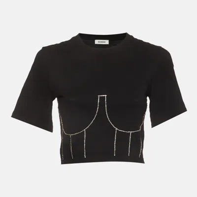 Sandro Black Rhinestone Embellished Knit Strassy Bustier Crop Top