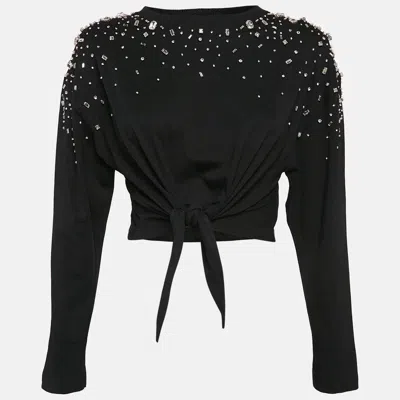 Pre-owned Sandro Black Rhinestone Jersey Tie-front T-shirt Xs