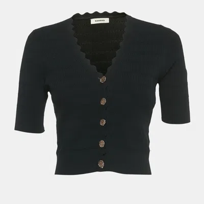 Pre-owned Sandro Black Rib Knit Button Front Cardigan Top M