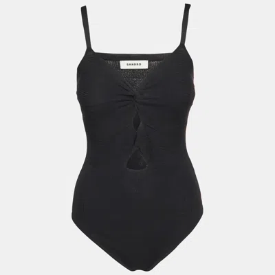 Sandro Black Ribbed Knit Cut-out Bodysuit Top In Blue