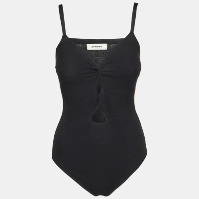 Pre-owned Sandro Black Ribbed Knit Cut-out Bodysuit Top M