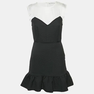 Sandro Black Satin/jacquard Flounce Mini Dress