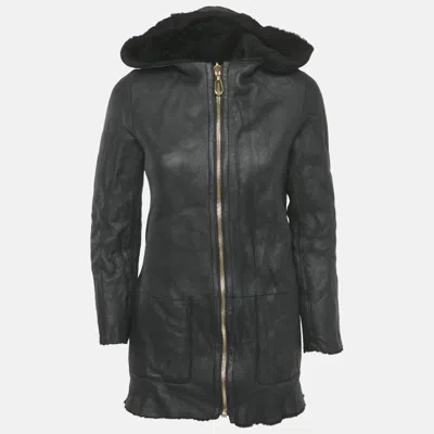 Pre-owned Sandro Black Shearling & Leather Reversible Hooded Jacket S