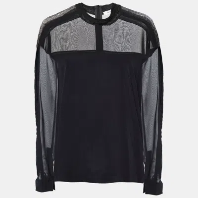 Pre-owned Sandro Black Silk & Knit Paneled Long Sleeve Top M