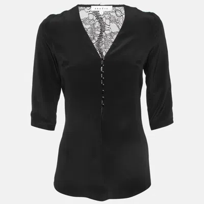 Pre-owned Sandro Black Silk Lace Trim Top S