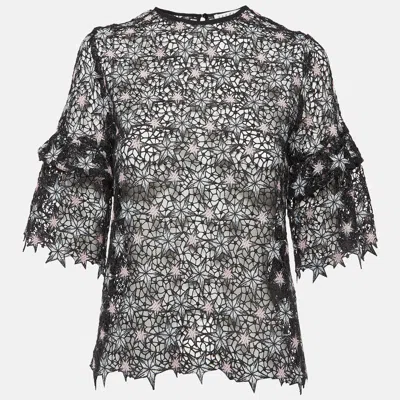 Pre-owned Sandro Black Star Pattern Lace Flared Sleeve Top S