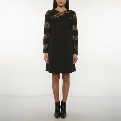Pre-owned Sandro Black Striped Crepe And Lace Sheer Panel Mini Dress L