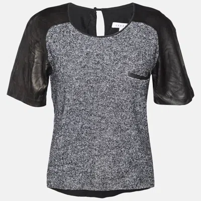 Sandro Black Terry & Leather Short Sleeve Blouse