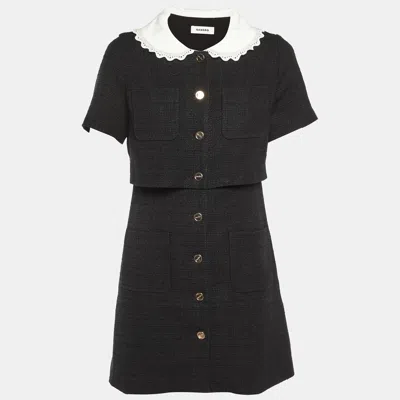 Pre-owned Sandro Black Tweed Contrast Collar Button Front Mini Dress S