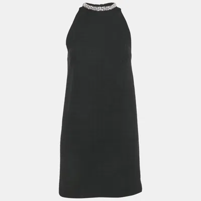 Pre-owned Sandro Black Tweed Embellished Collar Mini Dress Xs