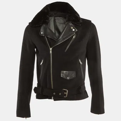 Pre-owned Sandro Black Wool & Leather Zip Front Jacket S