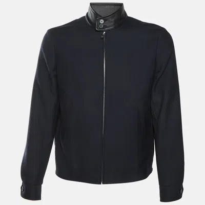 Pre-owned Sandro Black Wool Blend Leather Collar Detail Zip Up Jacket M