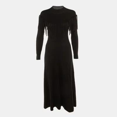 Pre-owned Sandro Black Wool Knit Janis Fringed Long Sweater Dress S