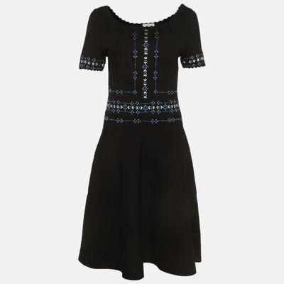 Sandro Black/blue Embroidered Stretch Knit Midi Dress