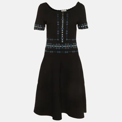 Sandro Black/blue Embroidered Stretch Knit Midi Dress