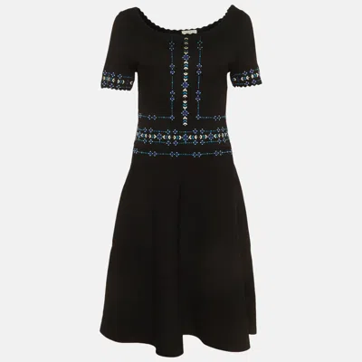 Pre-owned Sandro Black/blue Embroidered Stretch Knit Midi Dress L