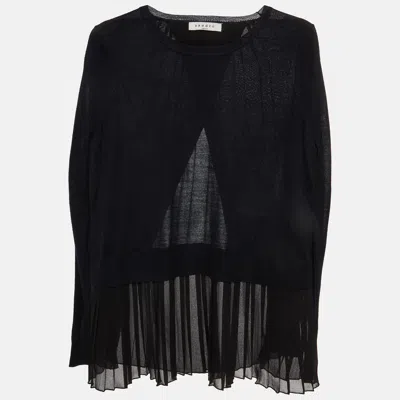 Pre-owned Sandro Black/navy Blue Wool And Crepe Overlay Pleated Top M