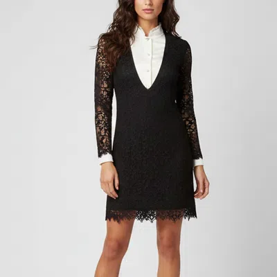 Pre-owned Sandro Black/white Guipure Lace Ruffle Trim Shirt Dress S