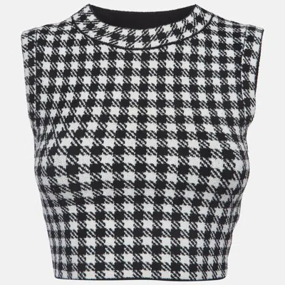 Pre-owned Sandro Black/white Houndstooth Knit Velvet Cropped Top S
