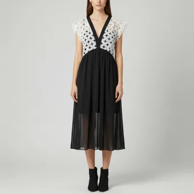 Pre-owned Sandro Black/white Lace Pattern Crepe V-neck Midi Dress M