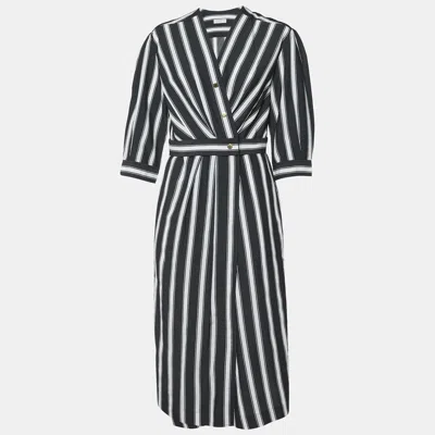 Pre-owned Sandro Black/white Stripe Print Viscose Wrap Midi Dress L