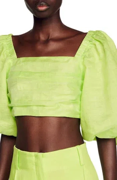 Sandro Cropped Pleated Linen-blend Gauze Top In Green
