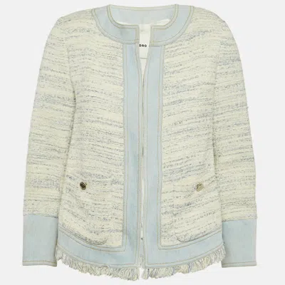 Pre-owned Sandro Blue & White Tweed & Denim Collarless Jacket S