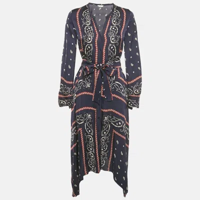 Pre-owned Sandro Blue Bandana Print Satin Asymmetric Midi Dress Xs