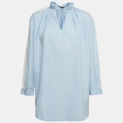 Pre-owned Sandro Blue Cotton Lace Trim Ruffle Detail Blouse L